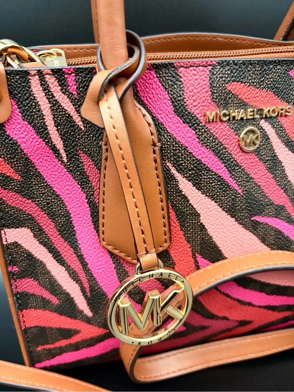 Michael Kors Maple Small Leather Satchel Handbag Purse in Pink Zebra Print